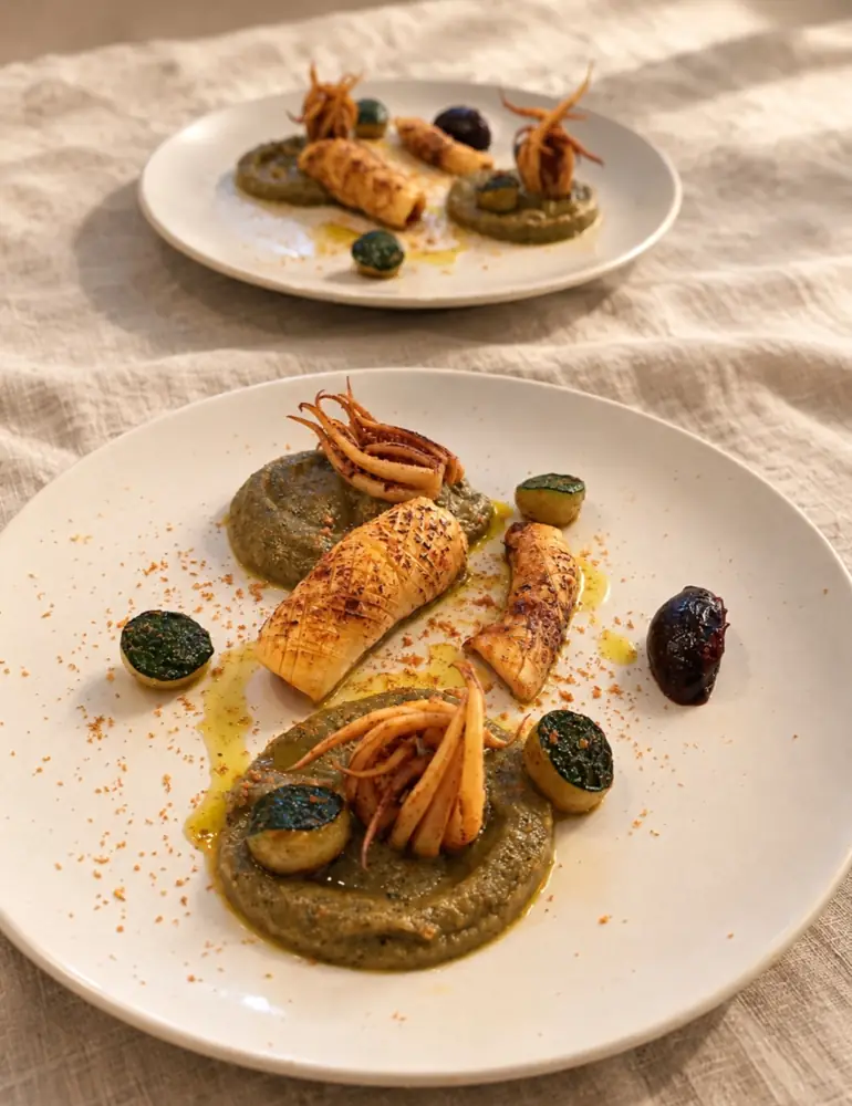 Deux assiettes de calamar avec une purée d'aubergine, posées sur du lin