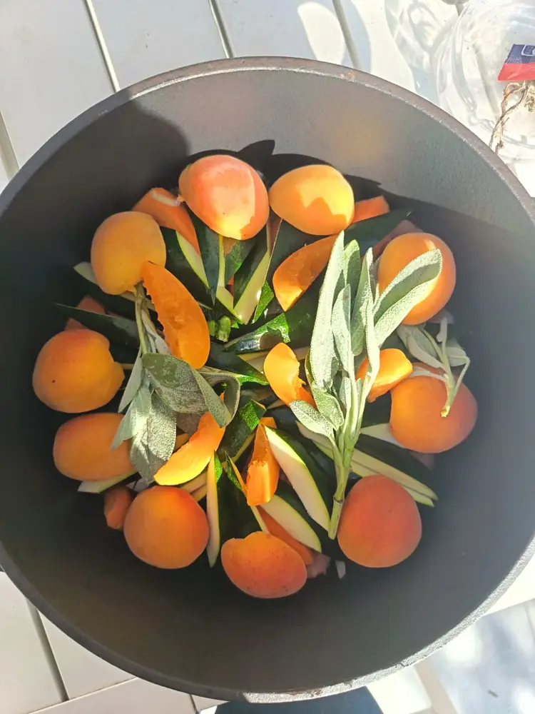 Abricots et herbes dans une cocotte sombre, vue du dessus